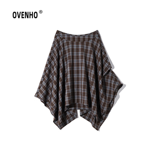 OVENHO文厚 碧山锦树不规则格纹半身裙