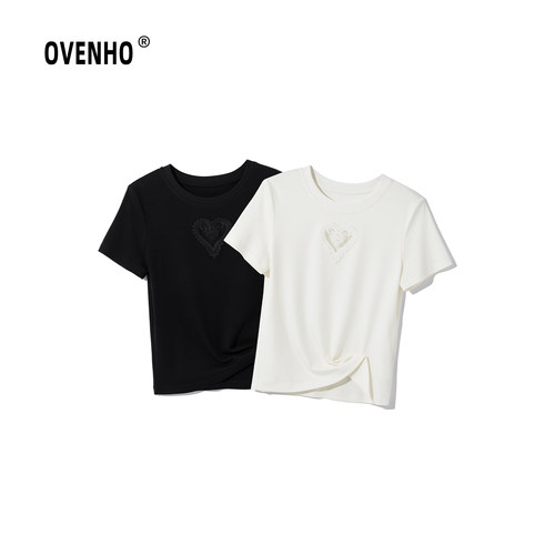 OVENHO文厚 断云依水爱心刺绣镂空天丝T恤