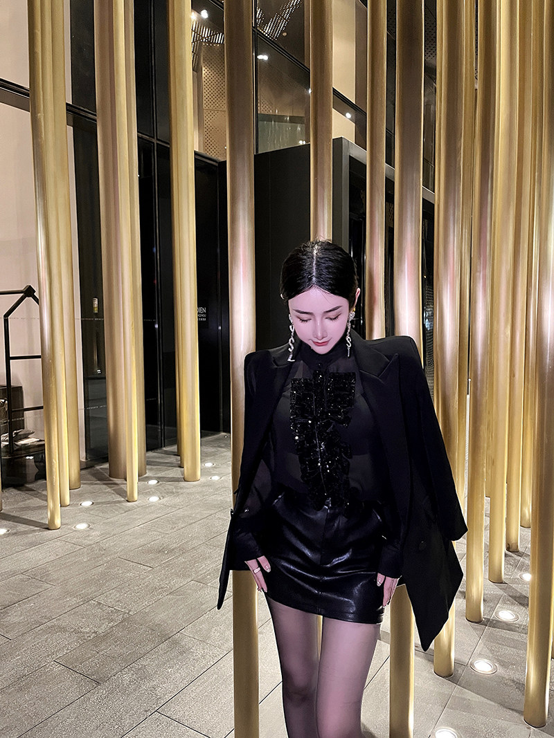 enjinli「长腿出击」气质百搭黑色皮裙修身显瘦pu包臀裙高腰半裙