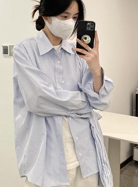 HALF H宽松休闲女慵懒风蓝色大版型衬衣外套百搭舒适条纹衬衫