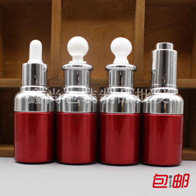 30ml高档大红色玻璃瓶精油香水分装瓶精华素按压瓶银圈胶头滴管瓶