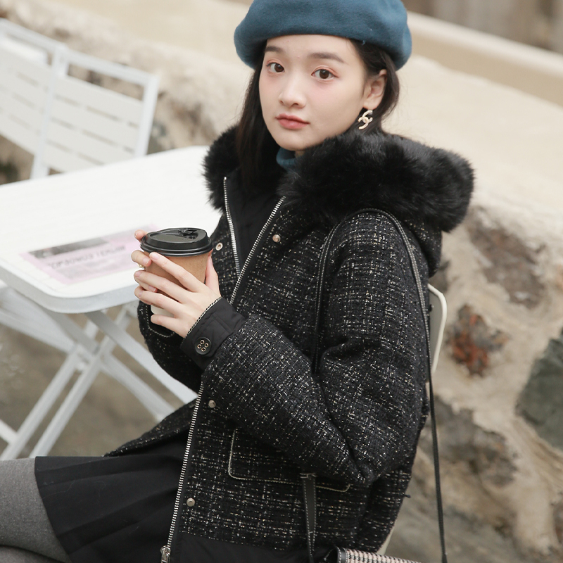 3宿本黑色格子棉服女2021年冬季新款羽绒棉衣加厚连帽外套短款棉袄
