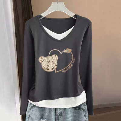 设计感小众假两件正肩长袖T恤女秋装不规则灰色上衣打底衫春秋季