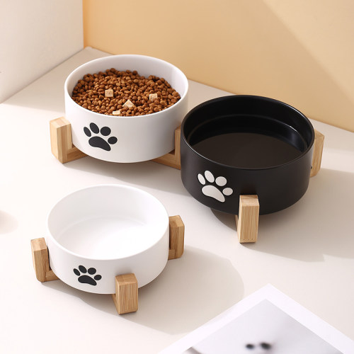 Miapet黑白猫爪直口宠物碗带木架