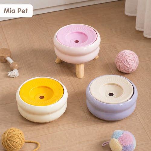 简约纯色滚圈宠物碗带托盘家用陶瓷猫狗碗狗碗悬浮水碗防打翻食盆