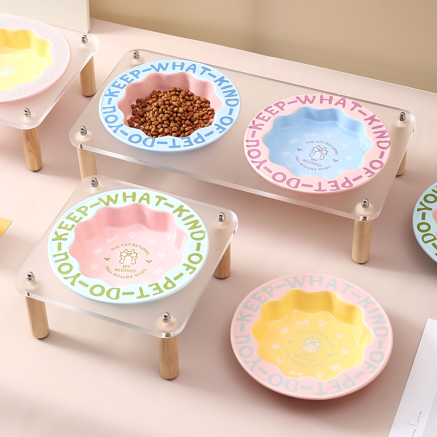 Miapet花边宠物碗带四方碗架陶瓷碗高脚碗猫狗食盆饮水碗猫碗狗碗
