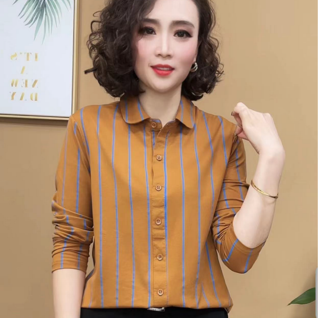 常熟市乐艳服装商行2024春秋百搭条纹女士长袖韩版打底衬衫#977