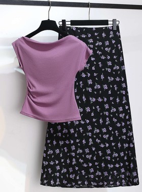 紫色系穿搭套装一字领短袖t恤上衣碎花雪纺半身裙女2025夏季新款