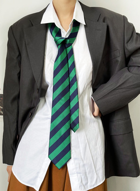 MIMI复古藏青绿色撞色斜条纹手打领带女个性帅气小众休闲百搭涤丝