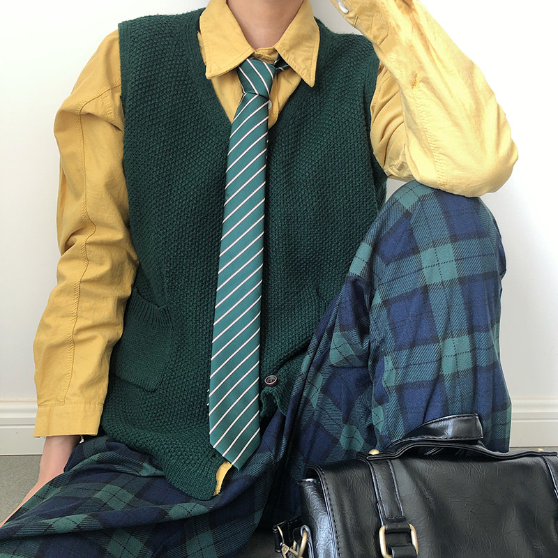 复古咖啡蓝绿条纹领带女休闲百搭