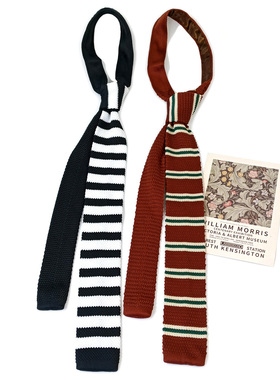 MIMI复古红棕色绿横条平头针织领带女休闲百搭黑白窄版毛线手打款