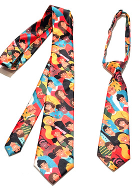 买二送一MIMI趣味创意领带女世界人民橘橙色人物印花手打长免打短