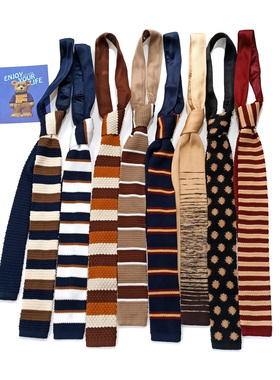 MIMI秋冬复古宽条纹领带女休闲手打细窄版平头针织毛线卡其棕咖色