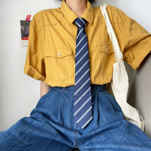 条纹徽章手打长款领带女品质涤丝