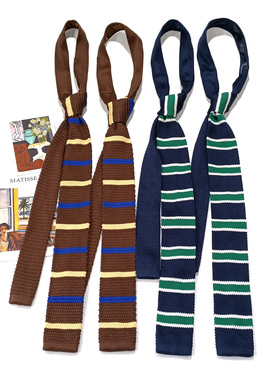 MIMI复古毛线领带女针织平角横向条纹绿色藏青黄色棕色休闲手打款