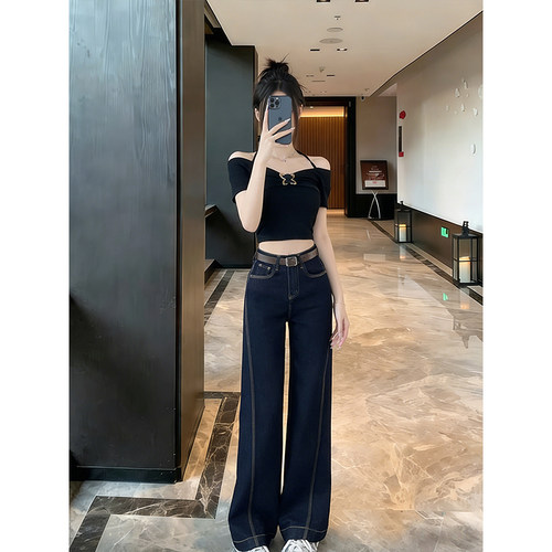 丹宁蓝撞色明线弯刀牛仔裤女