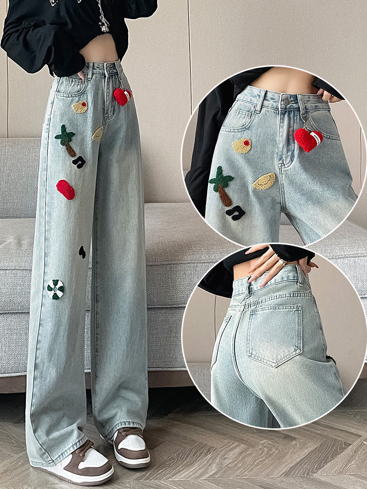 Narrow straight leg jeans for women with pear-shaped body, winter fleece lined and thickened, embroidered, suitable for petite figures, light color, wide leg pants