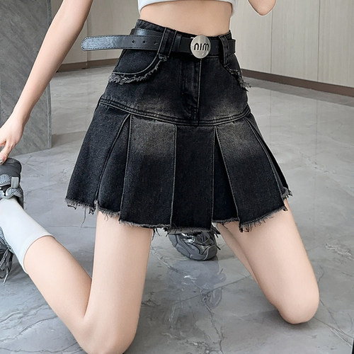 黑色牛仔半身短裙女高腰A字遮肉