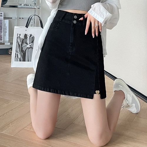黑色牛仔短裙女超高腰a字半身裙