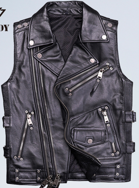 哈雷斜拉链机车马甲牛皮砍袖真皮皮衣男短款骑行马甲皮背心多口袋
