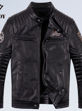 哈雷机车摩托服男真皮皮衣头层牛皮青年短款立领外套修身飞行夹克