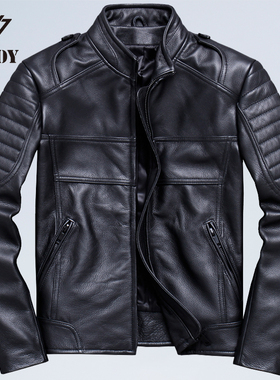男头层牛皮哈雷机车摩托服真皮皮衣青年短款立领外套修身飞行夹克