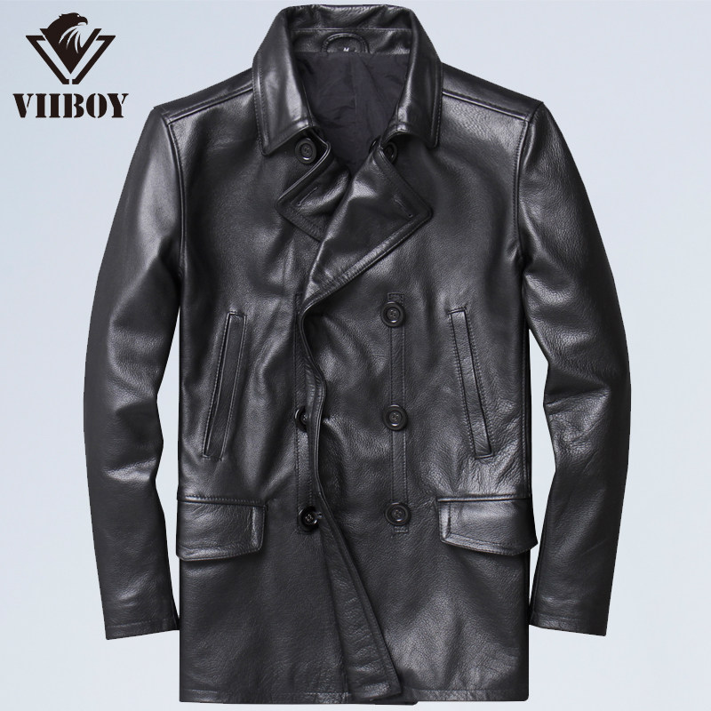 时尚真皮风衣男中长款皮衣进口头层休闲牛皮皮夹克双排扣厚皮大衣