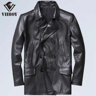 时尚 皮衣进口头层休闲牛皮皮夹克双排扣厚皮大衣 真皮风衣男中长款