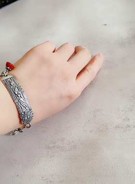 原创925纯银凤飞蝶舞文艺复古手链女名族风个性百搭手环银饰品