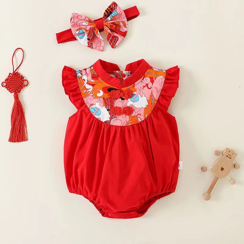 婴儿衣服夏季红色连体包屁衣中国风一周岁礼服女宝宝抓周百天宴服
