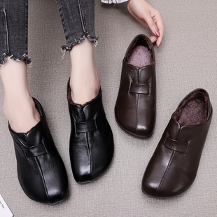 加绒棉鞋 冬季 真皮妈妈鞋 软底复古单鞋 42码 春秋平底中老年皮鞋 女鞋