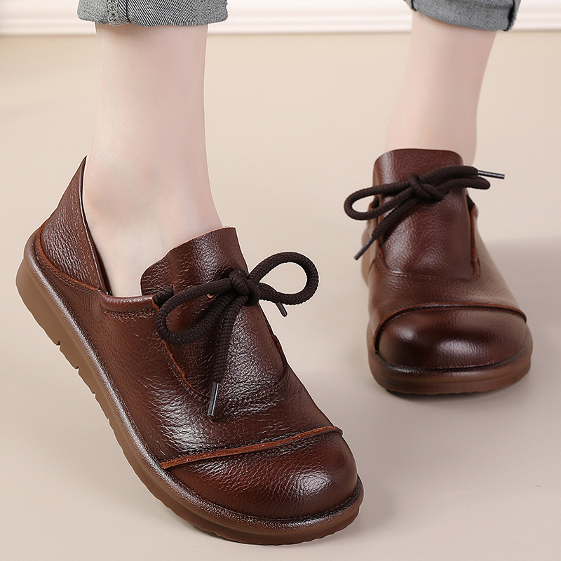 软底防滑深棕色交叉绑带单鞋复古