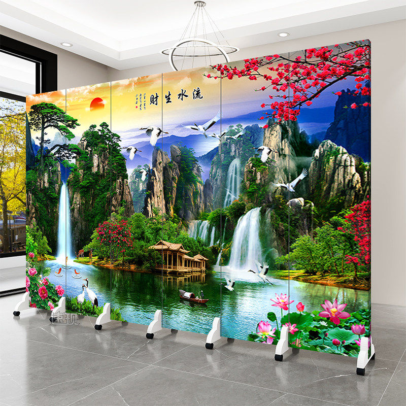流水生财迎客松山水国画屏风折叠办公室客厅遮挡饭店酒店隔断聚财