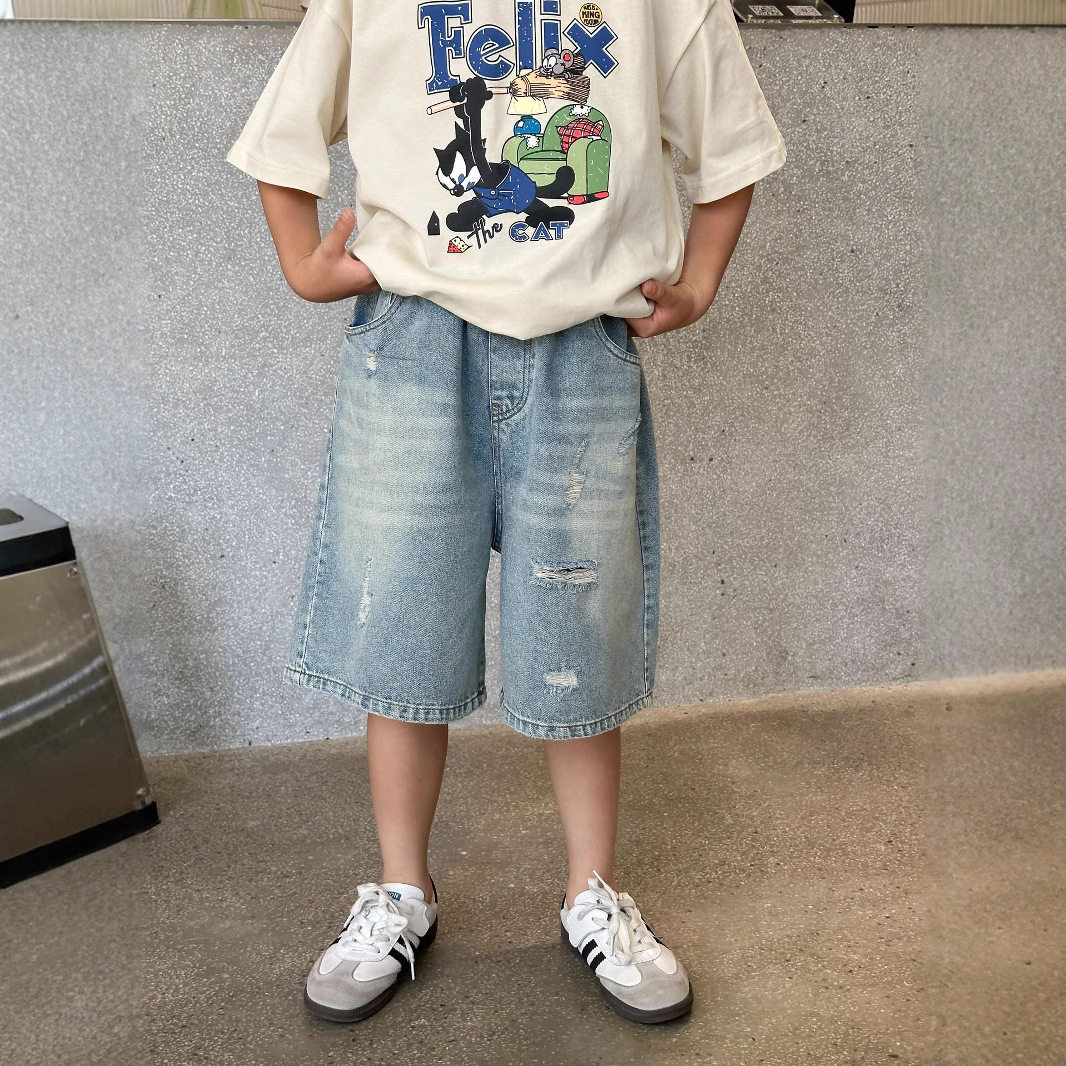 2025夏季新款韩版儿童炸街时髦破洞牛仔短裤男女童宽松百搭五分裤