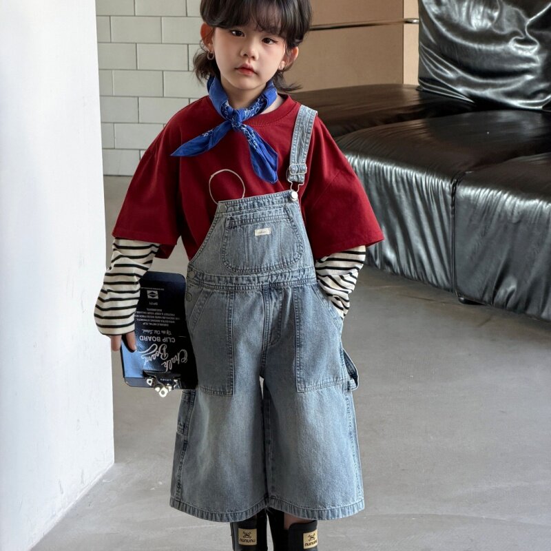 2026春夏新款男童女童背带裤牛仔7分裤可爱洋气小众百搭阔腿短裤