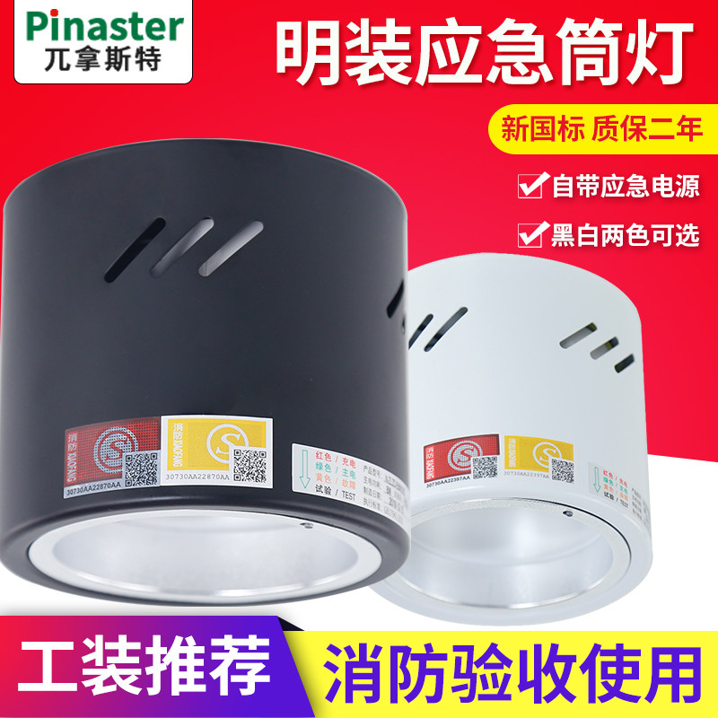 明装消防应急筒灯射灯一体化天花吸顶裸顶吊顶4寸5寸黑色白色外壳