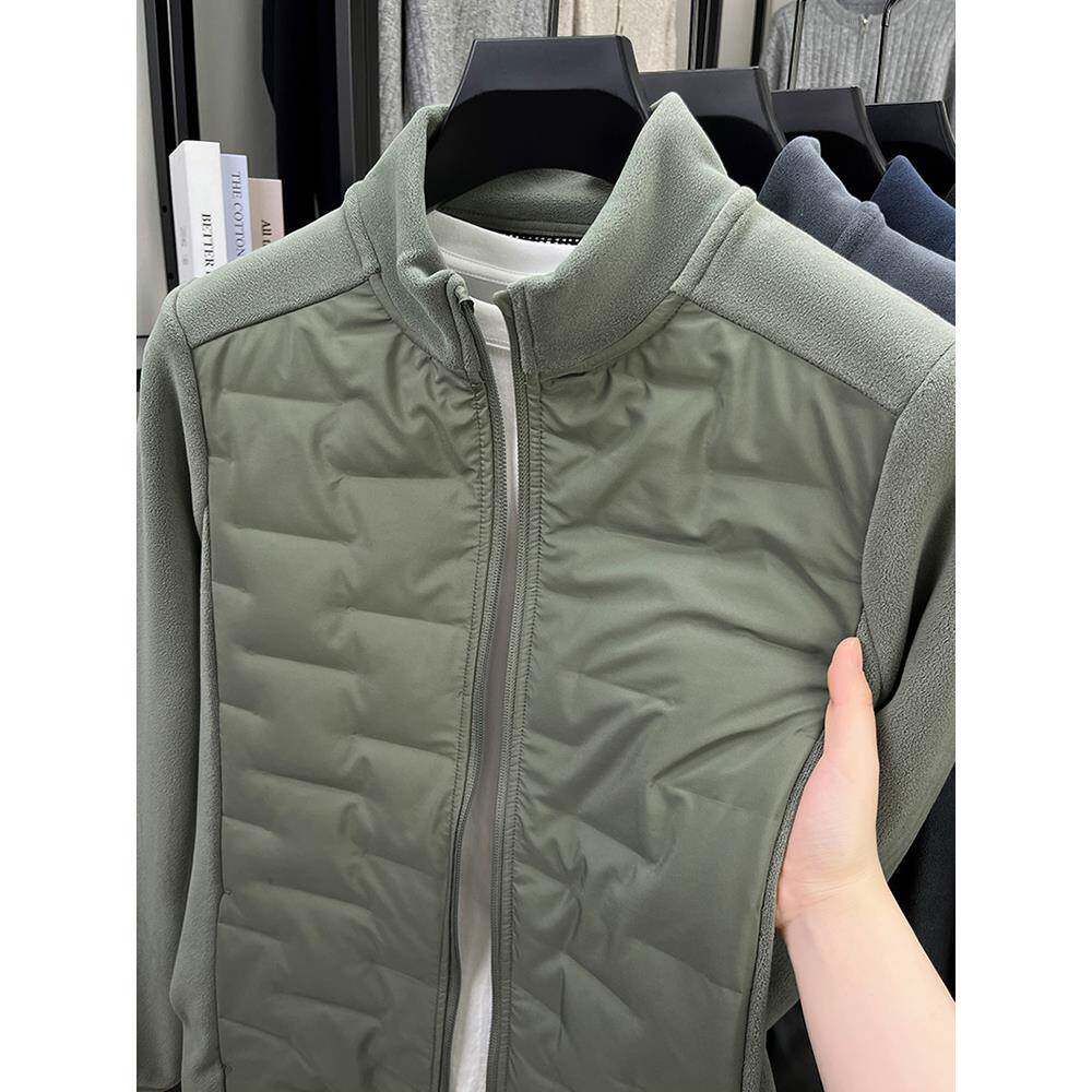 休闲立领抓绒夹克男士奥粒绒拼接轻薄款羽绒服秋冬季加绒保暖外套