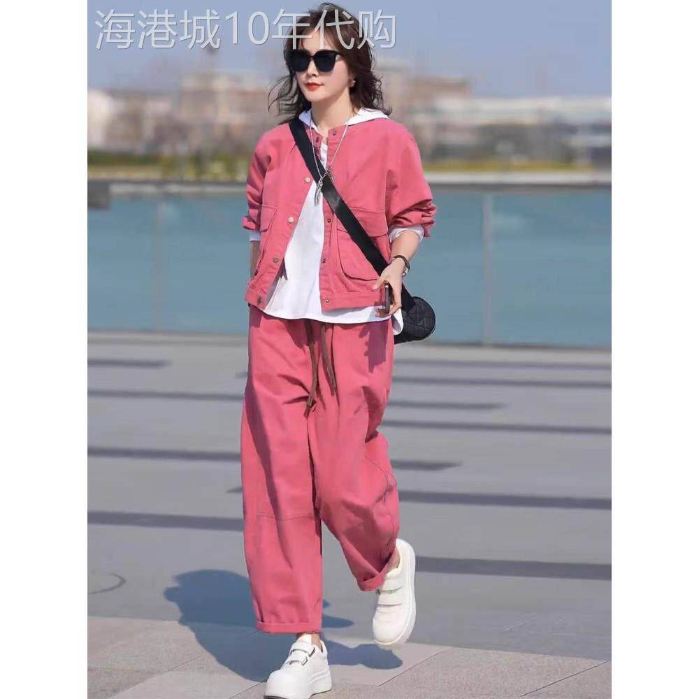 潮牌时尚休闲洋气三件套女春秋宽松显瘦百搭外套打底衫哈伦裤套装