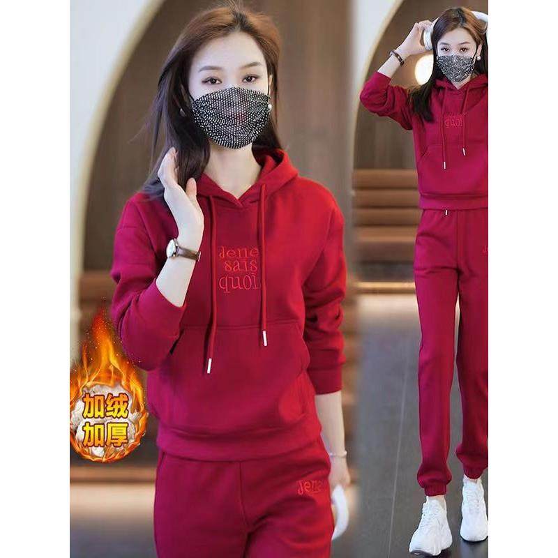 香港加绒加厚运动套装女冬季2025新款时尚红色休闲连帽卫衣两件套