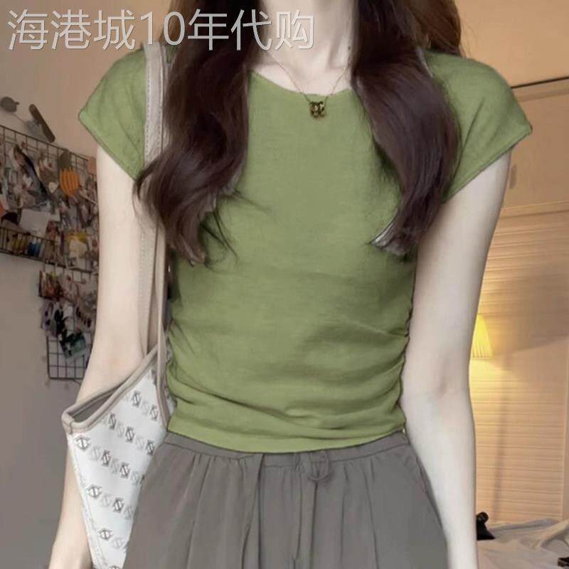 韩国牛油果绿正肩短袖t恤女夏季薄款辣妹修身针织衫短款上衣.
