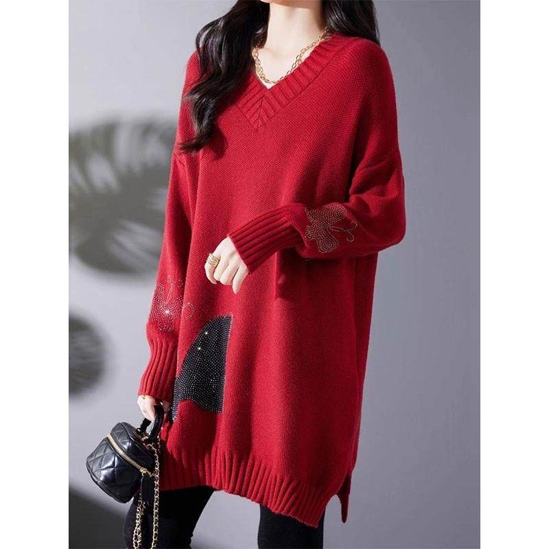 香港慵懒红色毛衣女秋冬高级感烫钻针织打底衫遮屁股微胖宽松上衣