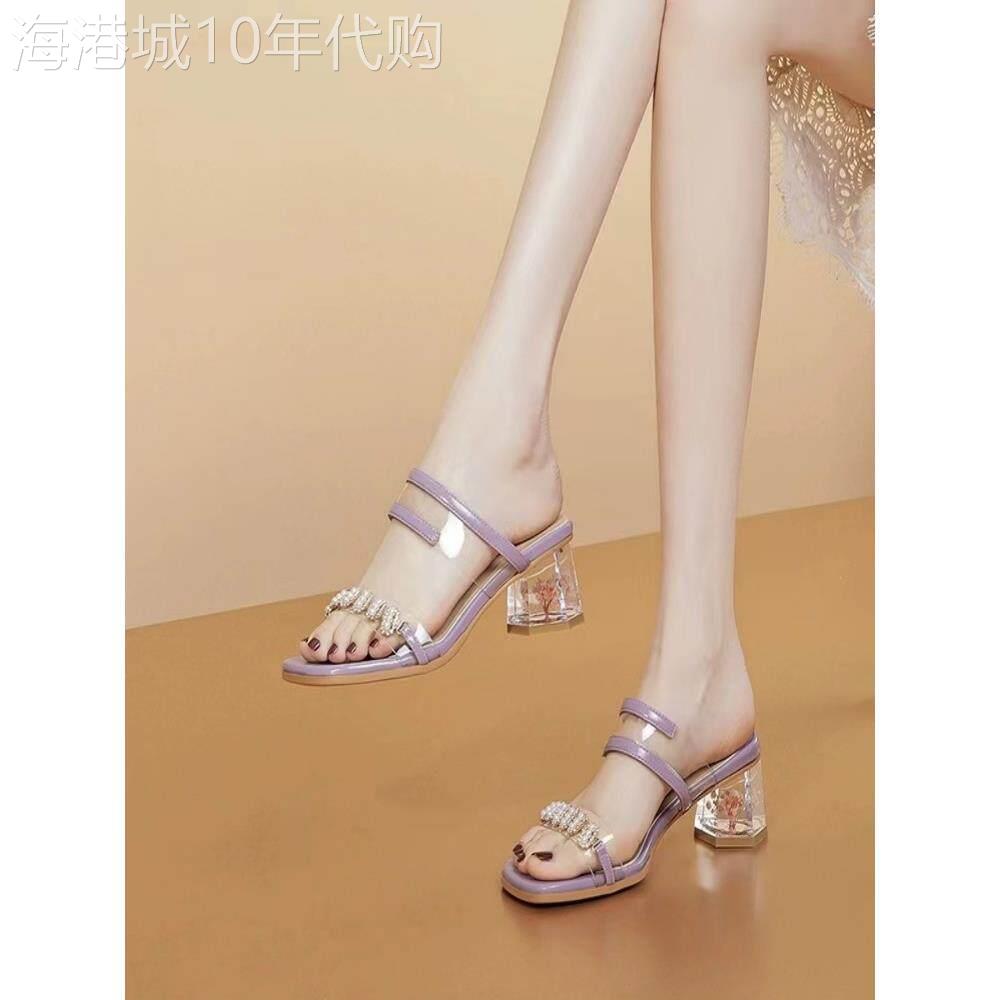 水晶高跟凉鞋女夏外穿2025新款时尚中跟粗跟水钻一字拖鞋气质凉鞋