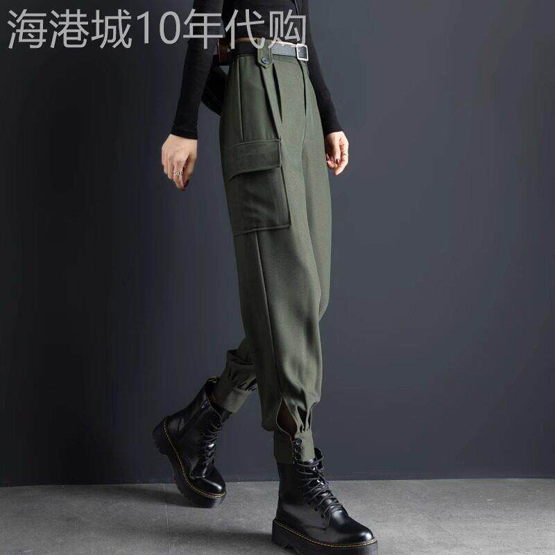 潮牌军绿色工装裤女加绒高腰秋冬2025新款爆款裤子束脚女裤哈伦裤