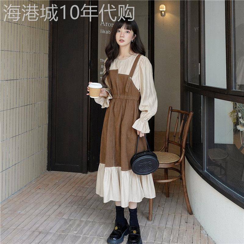 法式春秋裙子长袖假两件背带连衣裙女2025新款高级感长裙小个子