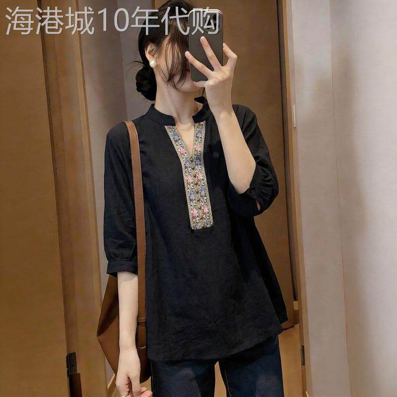 潮牌民族风刺绣V领正肩短袖衬衫女2026夏季大尺码胖mm洋派减龄上