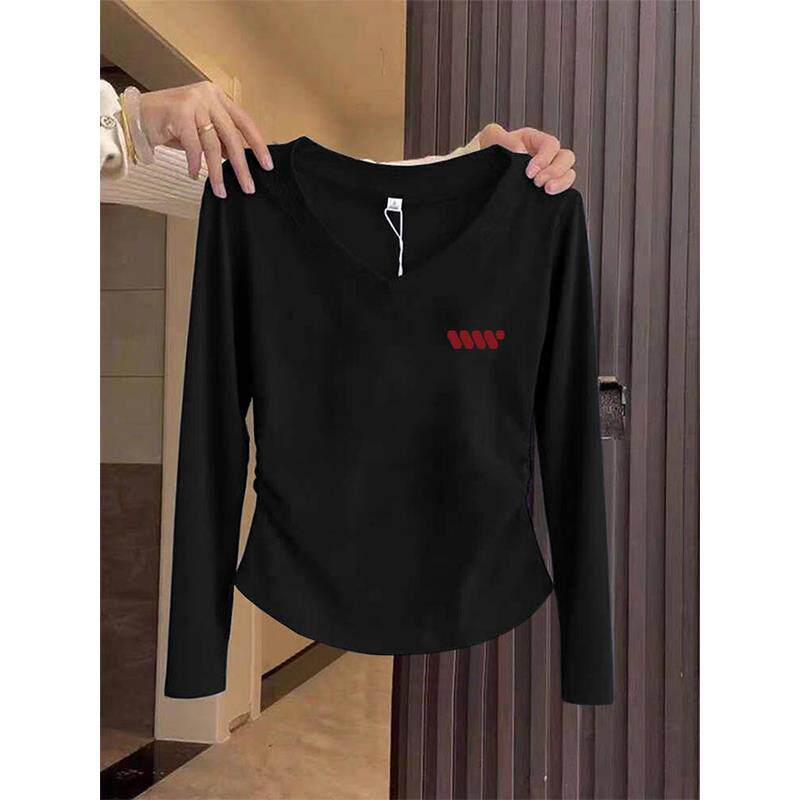 韩国V领收腰正肩纯棉长袖t恤女时尚百搭洋气减龄修身上衣春秋冬季