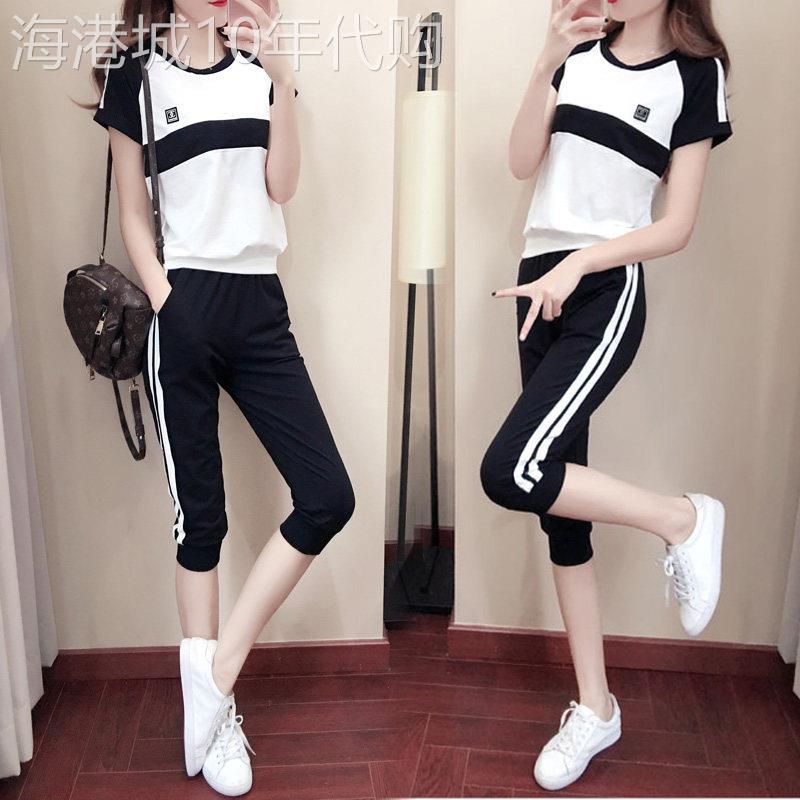 香港2025夏季新款运动套装女装修身短袖七分裤休闲服跑步两件套潮