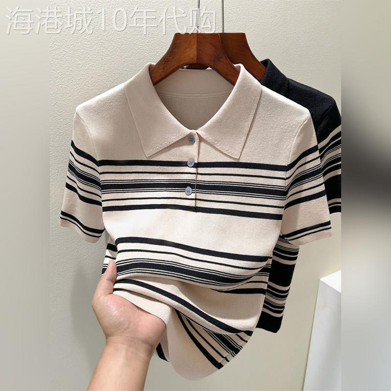 潮牌莱赛尔天丝条纹冰丝针织衫女夏季polo钮扣领短袖法式正肩上衣