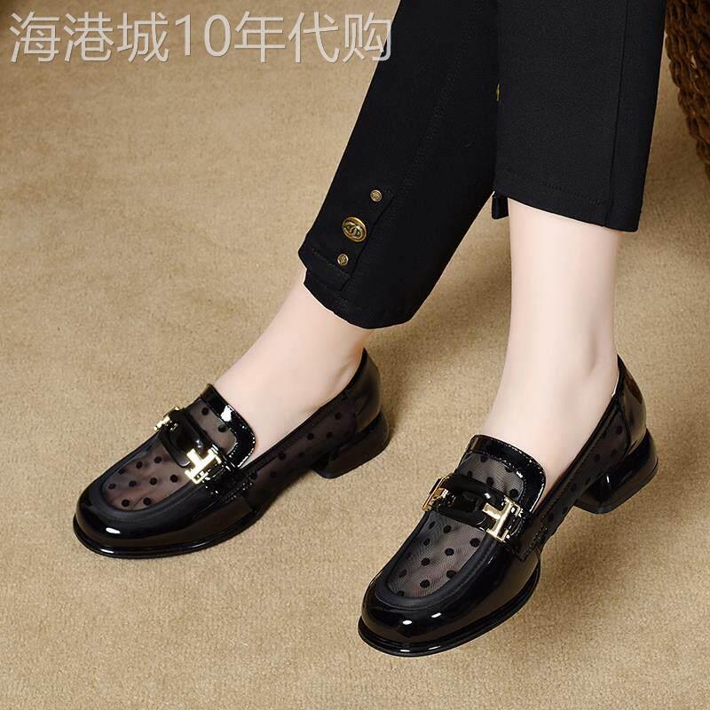 真皮网纱小皮鞋女2025新款春夏季透气单鞋一脚蹬厚底粗跟乐福鞋子