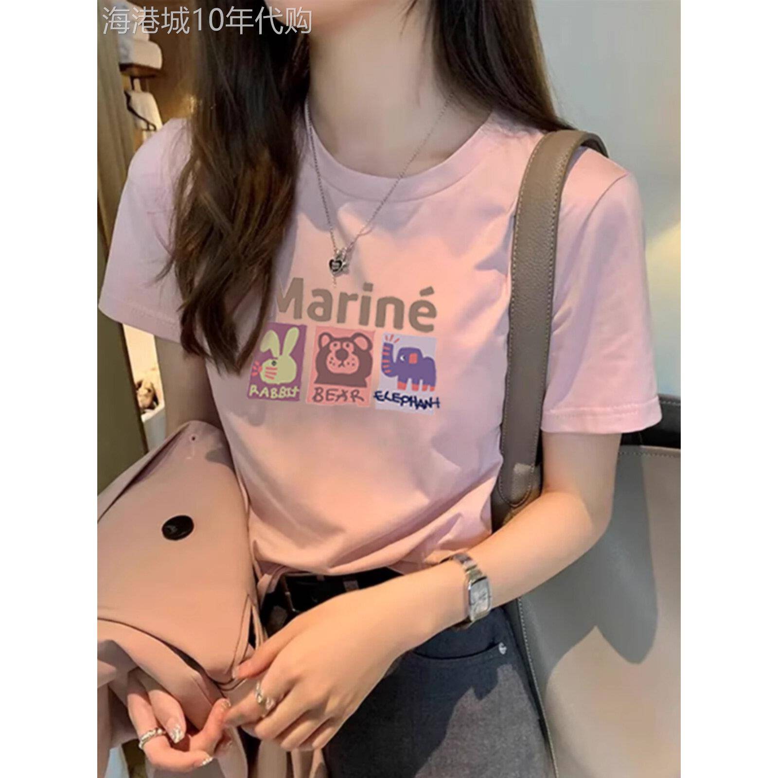 粉色右肩纯棉短袖女式t恤休闲时尚百搭西式减龄底裤衬衫2025夏季